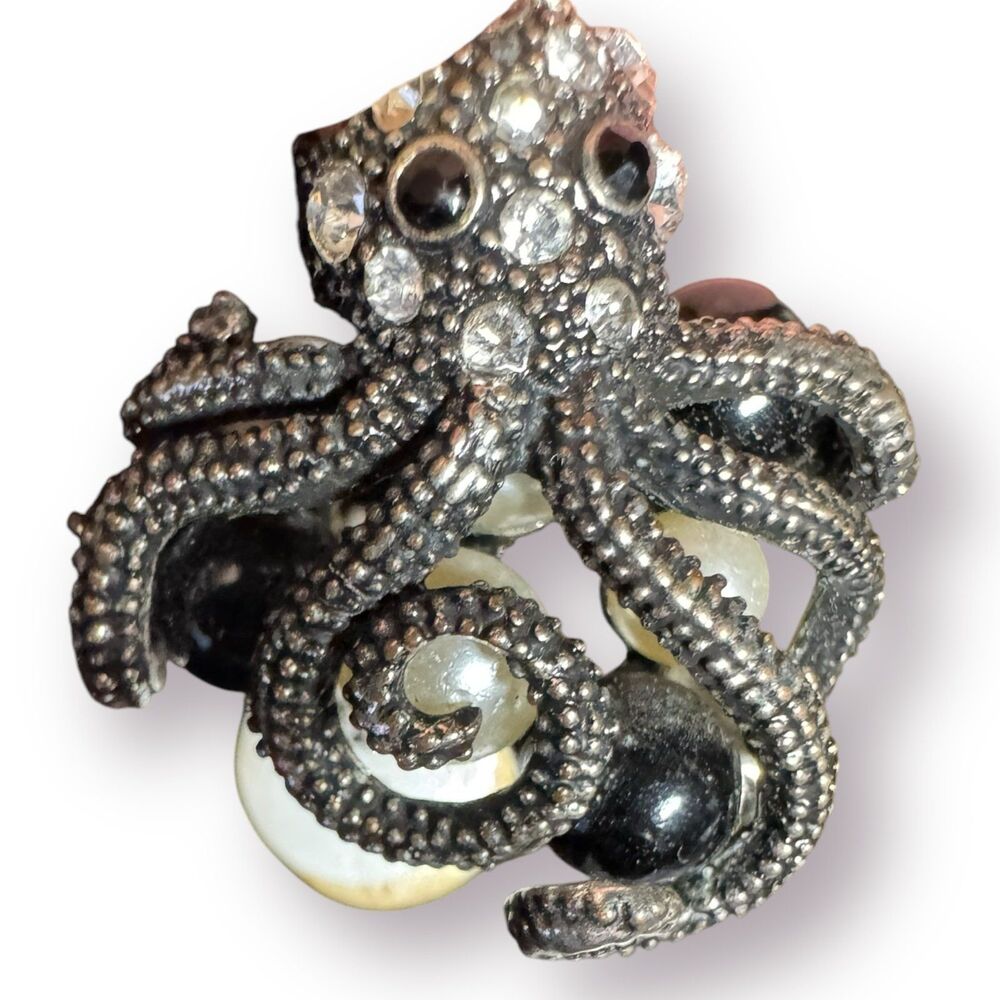 Silver Octopus Multi Color Pearl Ring Vintage Size 17 Retro Rhinestone Gothcore‎ - Picture 5 of 8